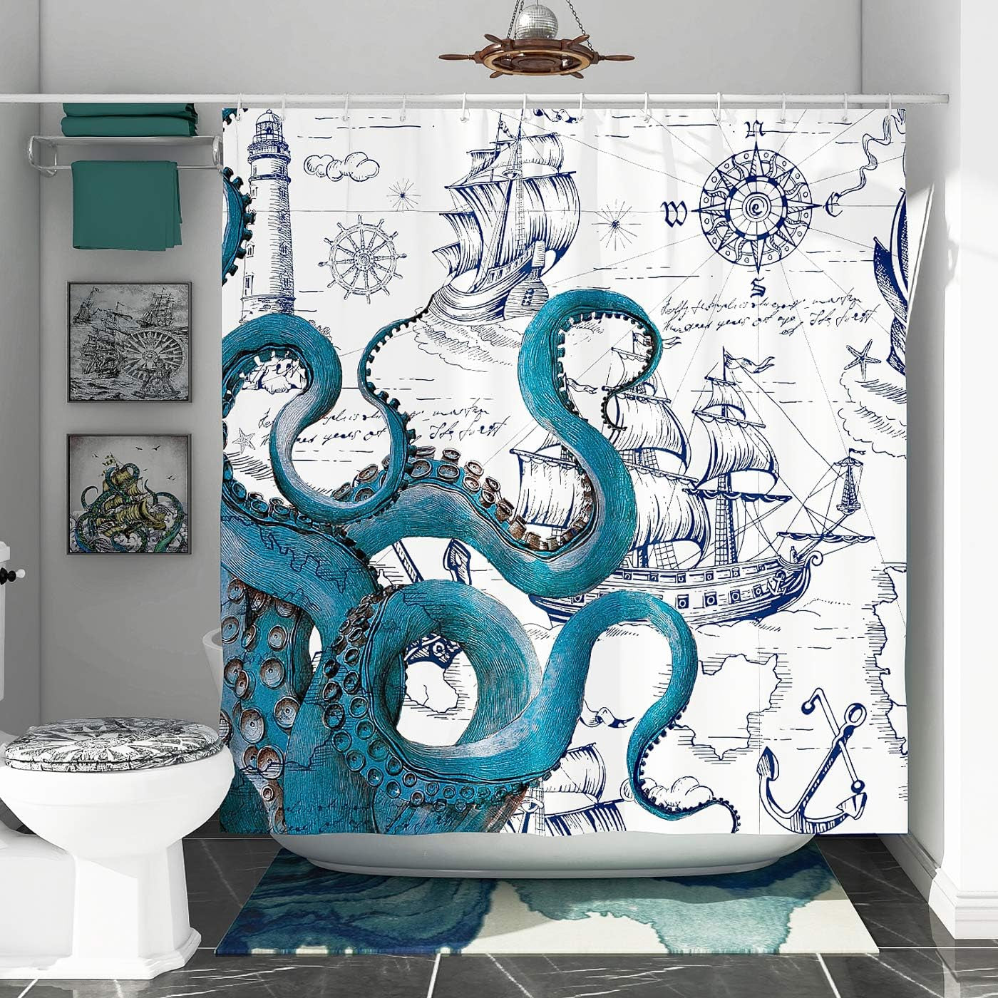 Nautical Octopus Shower Curtain – 72x72 Ocean Theme