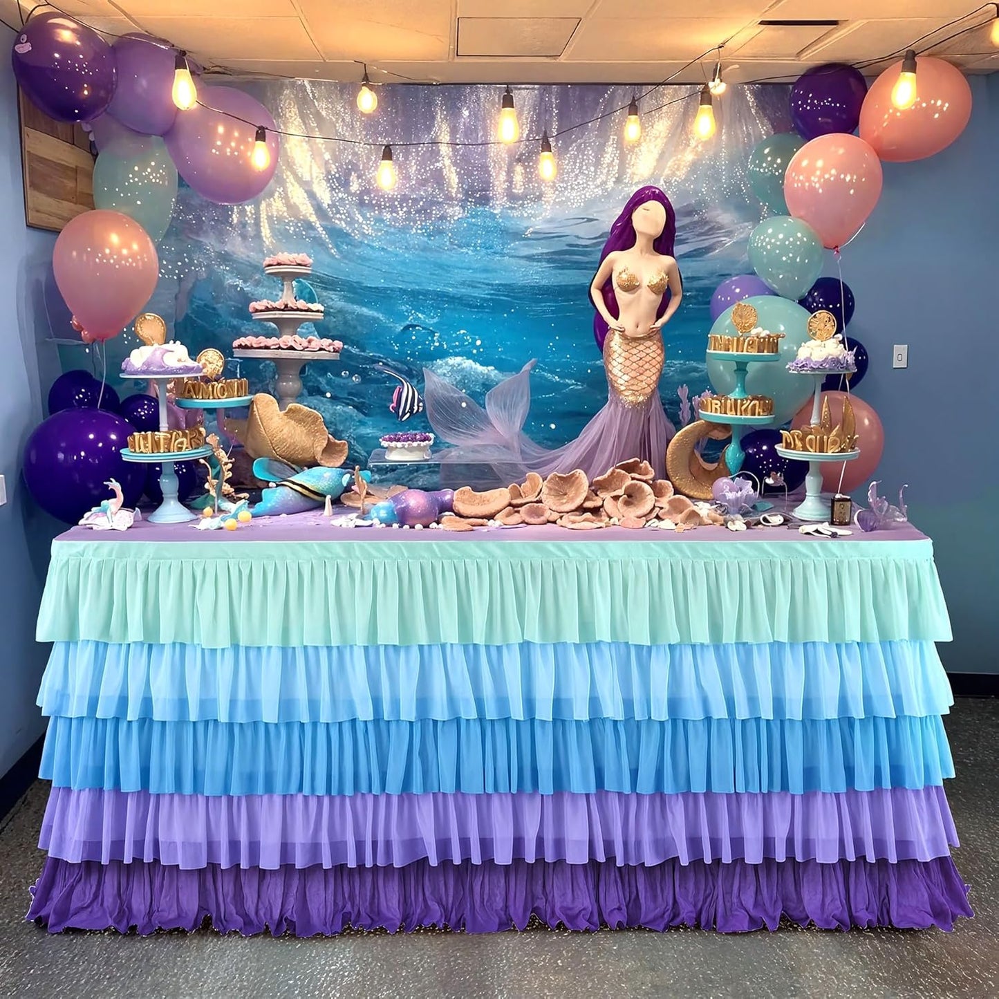 6Ft Mermaid Tablecloth Party Blue Purple Tutu Tulle Table Skirt for Rectangle round Tables Chiffon Table Decorations for Mermaid Birthday Party Baby Shower Ruffle Table Skirting