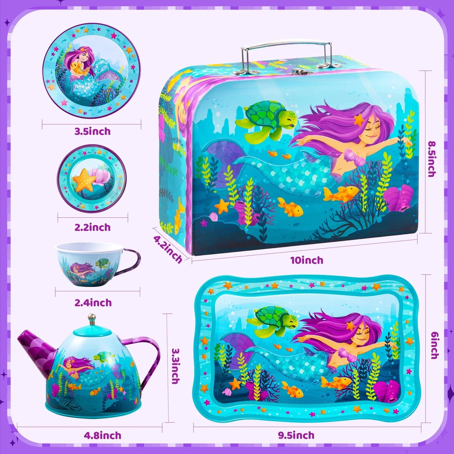 Kid Tea Set, Mermaid Tea Party Set for Girls, Princess Pretend Play Tin Teapot Set Kitchen Toy for Girls Toddlers 2 3 4 5 6 Years Old