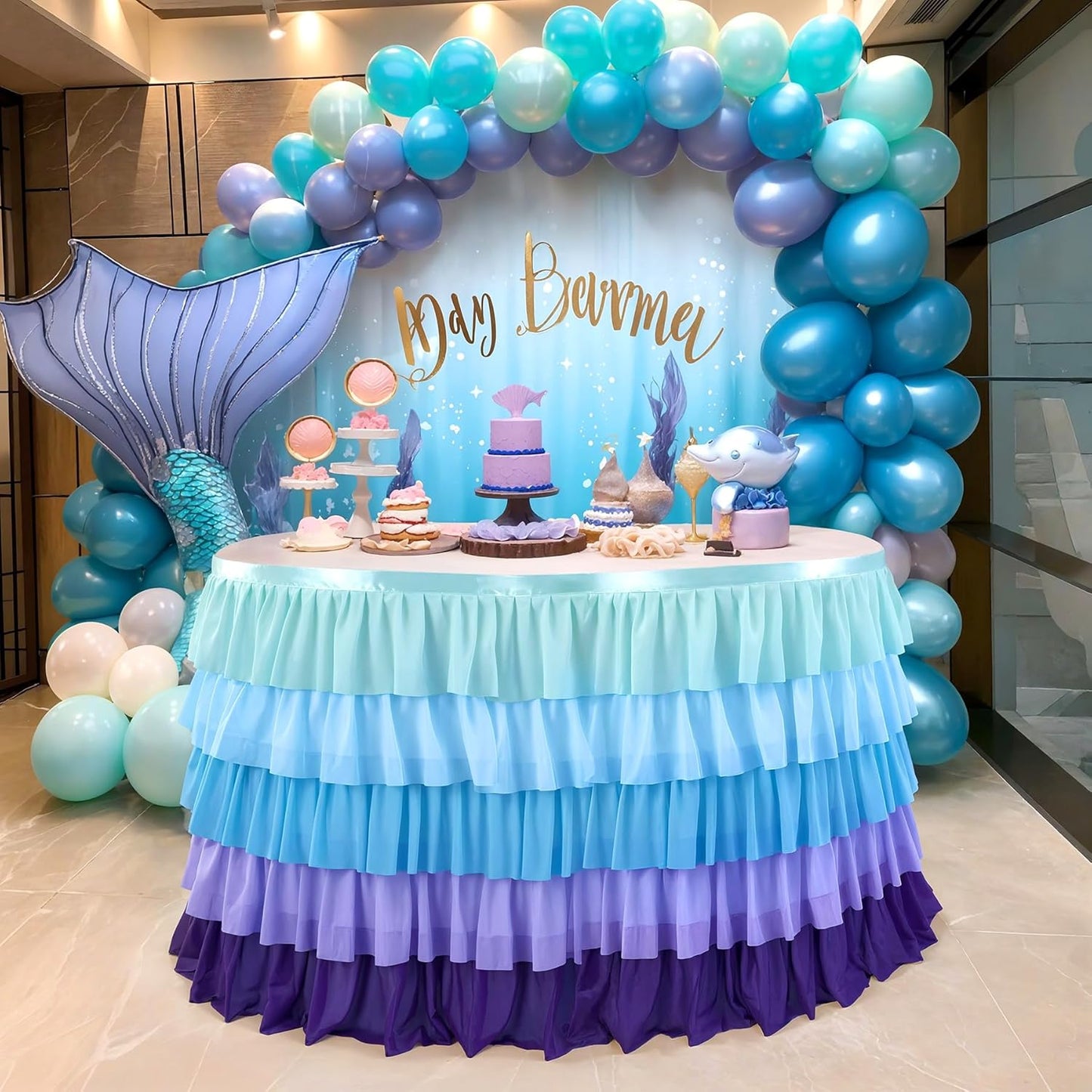 6Ft Mermaid Tablecloth Party Blue Purple Tutu Tulle Table Skirt for Rectangle round Tables Chiffon Table Decorations for Mermaid Birthday Party Baby Shower Ruffle Table Skirting