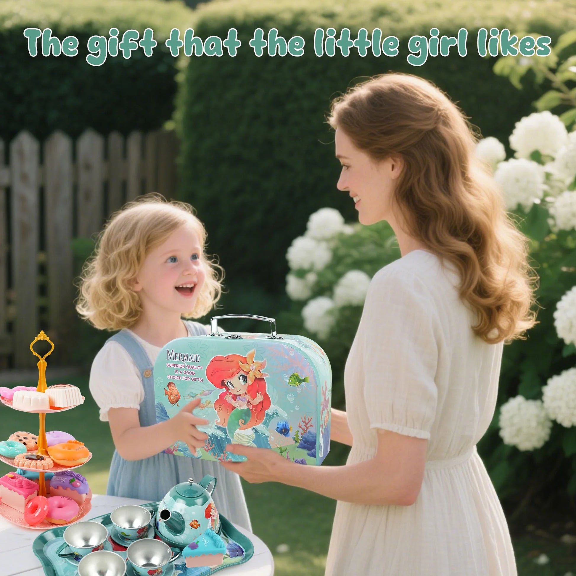 Mermaid Tea Party Set for Kids, Princess Kitchen Pretend Play Toys for Girls Ages 3 4 5 6+ Years Old, Birthday Gift for Toddler