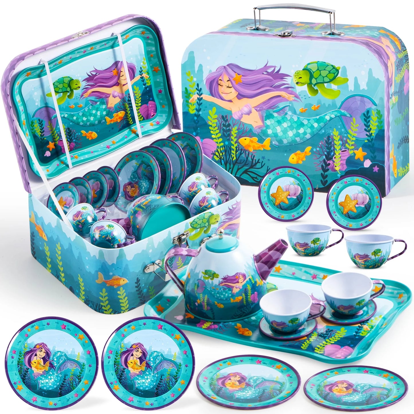 Kid Tea Set, Mermaid Tea Party Set for Girls, Princess Pretend Play Tin Teapot Set Kitchen Toy for Girls Toddlers 2 3 4 5 6 Years Old