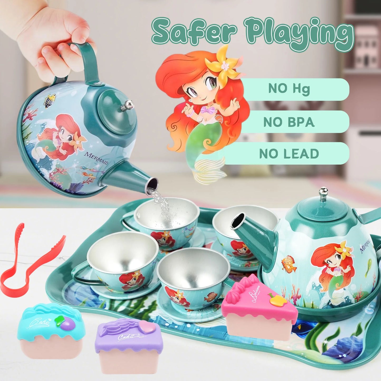 Mermaid Tea Party Set for Kids, Princess Kitchen Pretend Play Toys for Girls Ages 3 4 5 6+ Years Old, Birthday Gift for Toddler