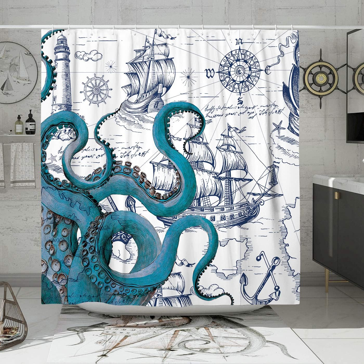Nautical Octopus Shower Curtain – 72x72 Ocean Theme