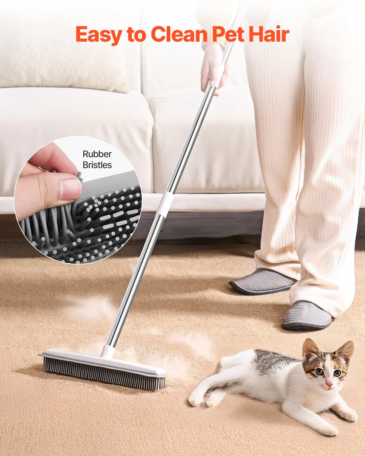 Pet Hair Removal Broom 58.46 in Adjustable Long Handle Pet Hair Rubber Broom