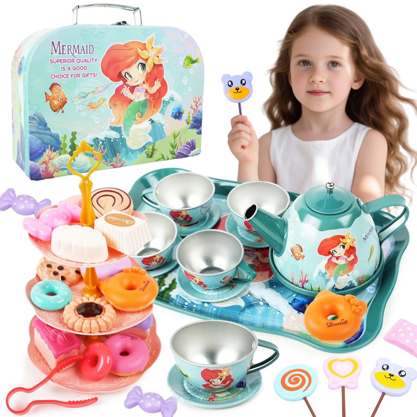 Mermaid Tea Party Set for Kids, Princess Kitchen Pretend Play Toys for Girls Ages 3 4 5 6+ Years Old, Birthday Gift for Toddler