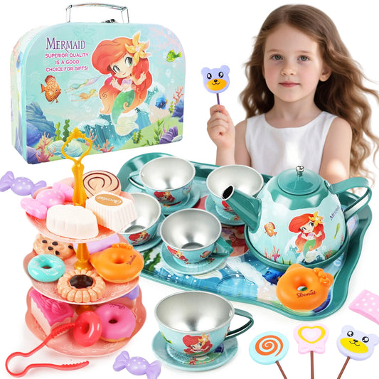 Mermaid Tea Party Set for Kids, Princess Kitchen Pretend Play Toys for Girls Ages 3 4 5 6+ Years Old, Birthday Gift for Toddler