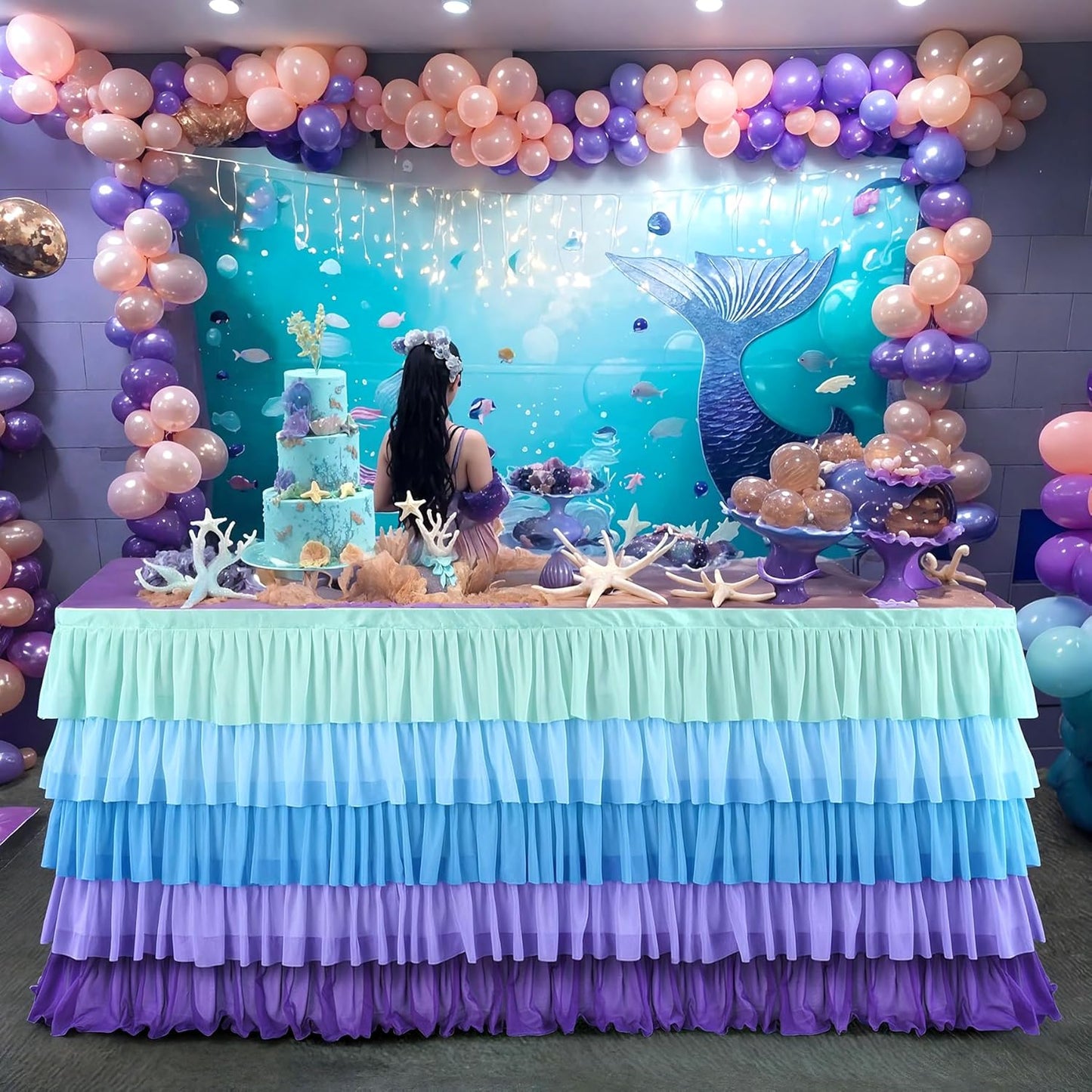 6Ft Mermaid Tablecloth Party Blue Purple Tutu Tulle Table Skirt for Rectangle round Tables Chiffon Table Decorations for Mermaid Birthday Party Baby Shower Ruffle Table Skirting