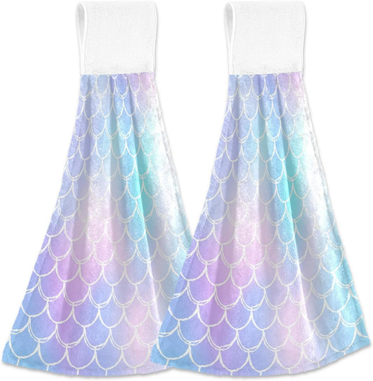 Colorful Mermaid Scale Hanging Kitchen Towels 2 Pcs Magic Fish Scales Hand Bath Towels Tie Towels Tea Bar Towels for Bathroom Farmhouse Tabletop Home Decor