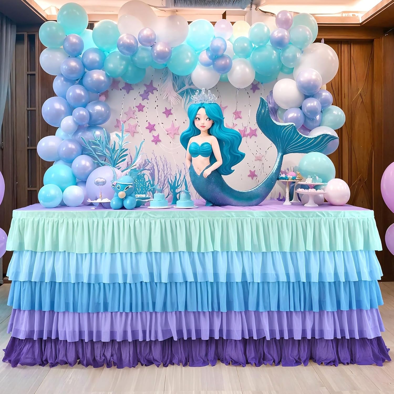 6Ft Mermaid Tablecloth Party Blue Purple Tutu Tulle Table Skirt for Rectangle round Tables Chiffon Table Decorations for Mermaid Birthday Party Baby Shower Ruffle Table Skirting