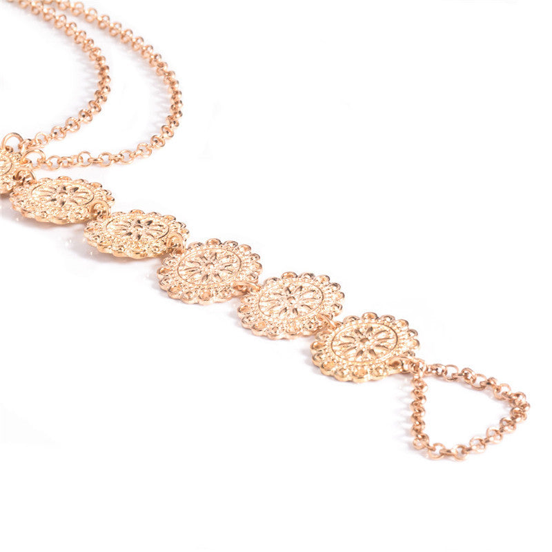 New Footwear Fashion Trendy Simple Metal Texture Carved Disc Beach Tassel Anklet