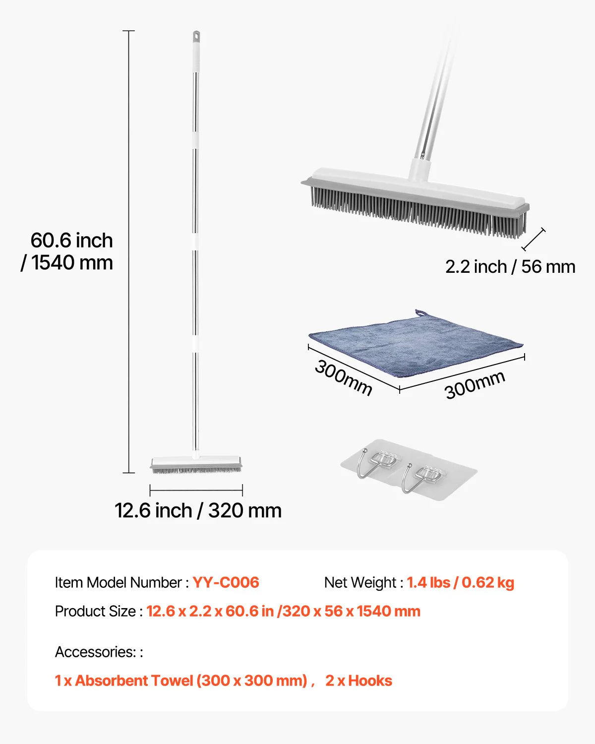 Pet Hair Removal Broom 58.46 in Adjustable Long Handle Pet Hair Rubber Broom