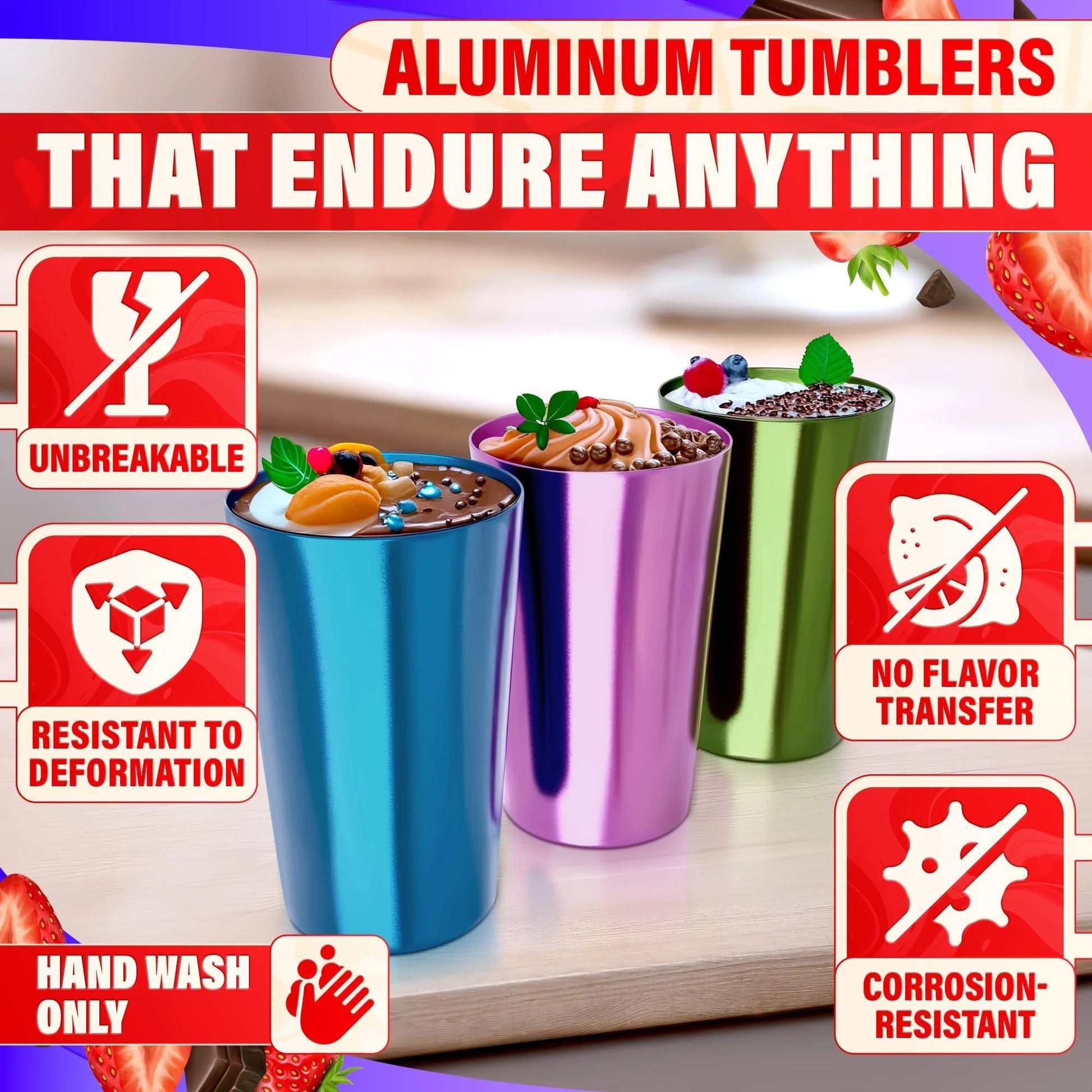 6 Pcs Aluminum Tumblers 15 Oz Lightweight Durable and Reusable Metal Cups Vibrant Festive Colors for Hot and Cold Beverages Sturdy Anodized Design for Parties and Outdoor Use Hand Wash Only