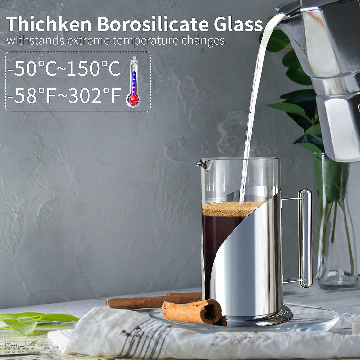 French Press Coffee Maker – 34 Oz Stainless & Glass