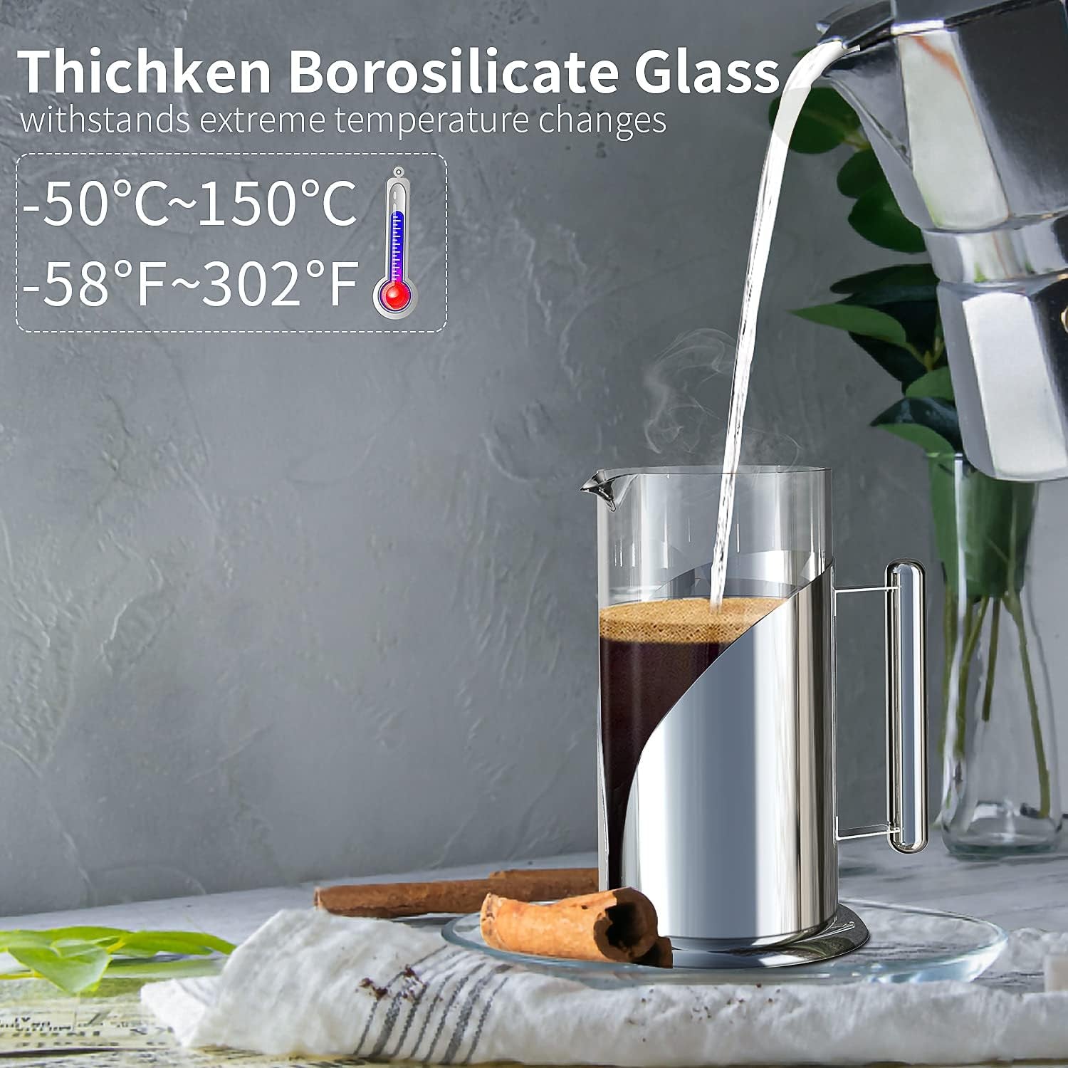 French Press Coffee Maker – 34 Oz Stainless & Glass