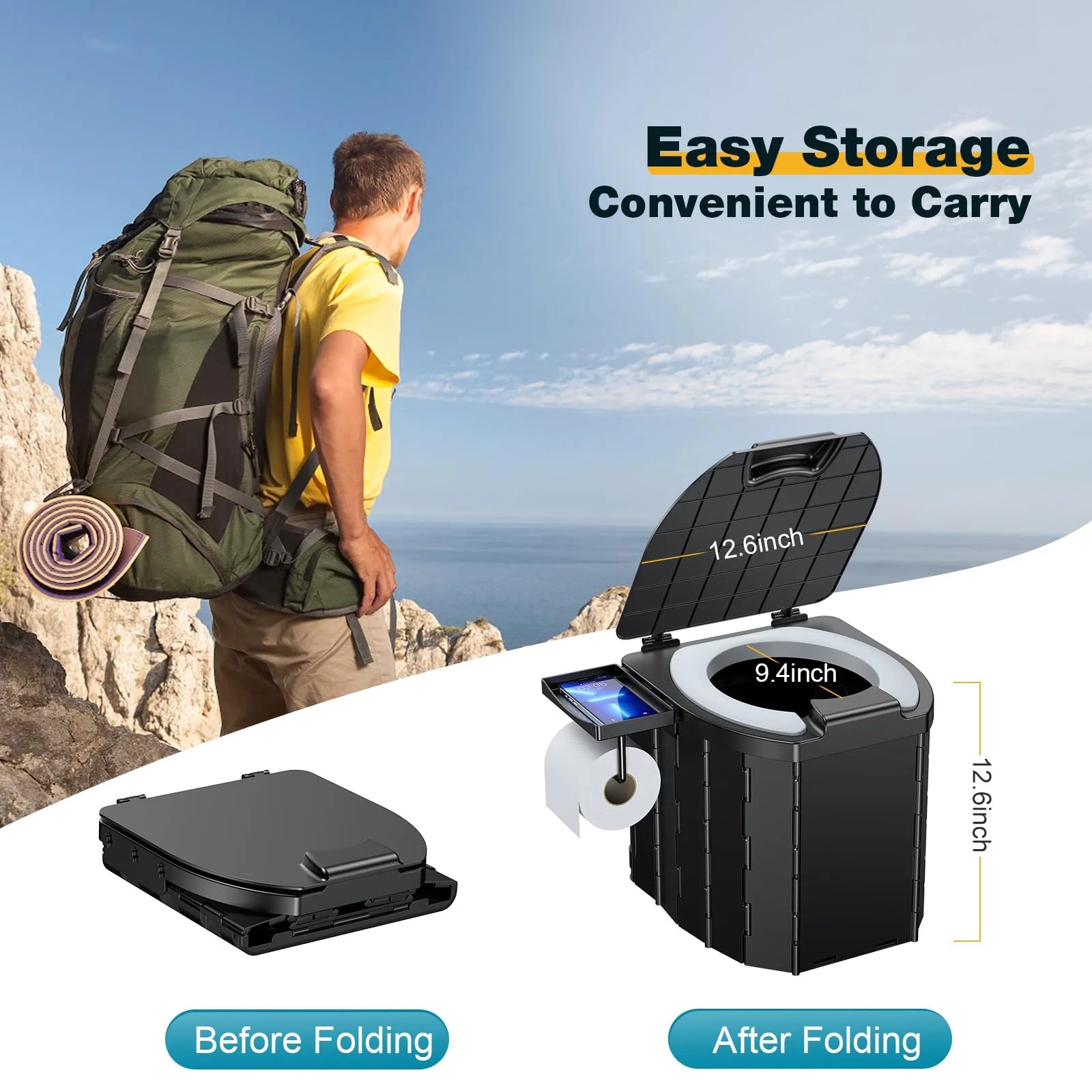 Portable Toilet for Camping, 12.6''*13.6''*12.8'' Foldable Camping Toilet with Waterproof Storage Bag and 15 Pcs Garbage Bag，Portable Toilet with a Load Capacity of 500 Lbs