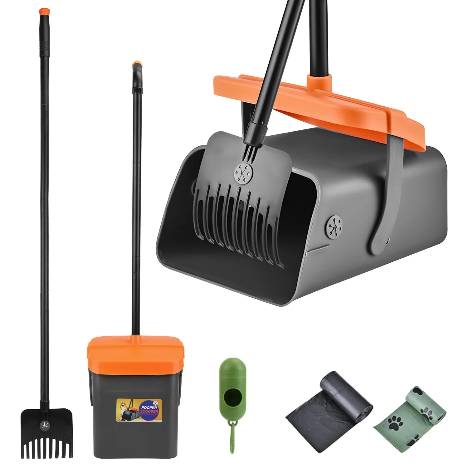 Dog Poop Shovel Tool Kit with Extra Long Handle and Waste Bag Dispenser