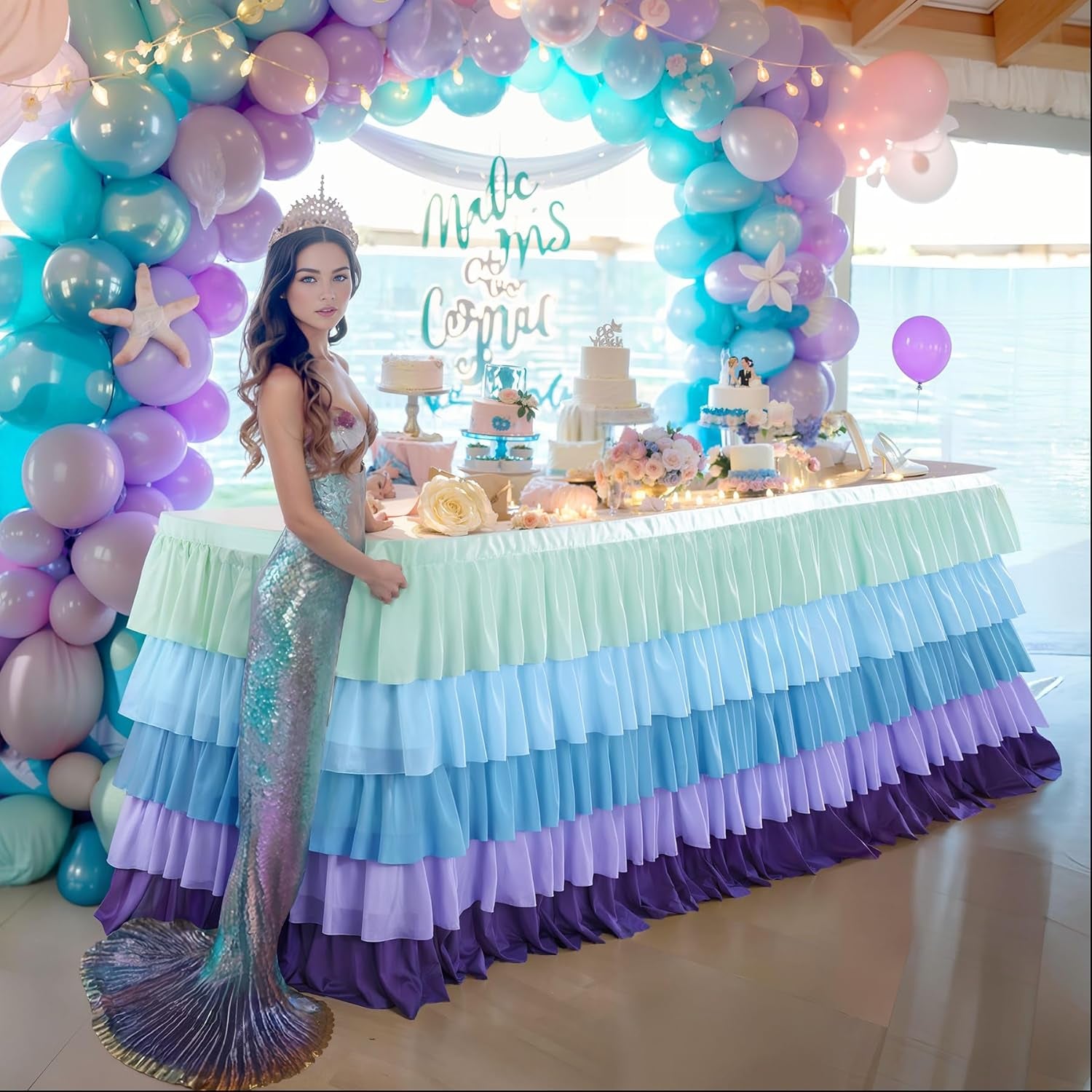 6Ft Mermaid Tablecloth Party Blue Purple Tutu Tulle Table Skirt for Rectangle round Tables Chiffon Table Decorations for Mermaid Birthday Party Baby Shower Ruffle Table Skirting