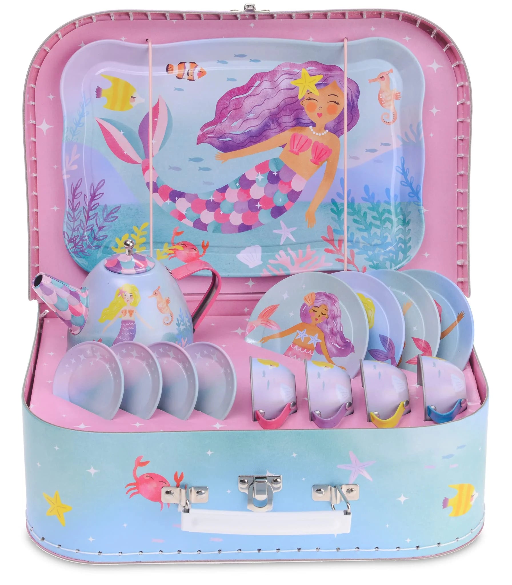 15 Piece Girls Pretend Toy Tin Tea Set Carrying Case Ballea