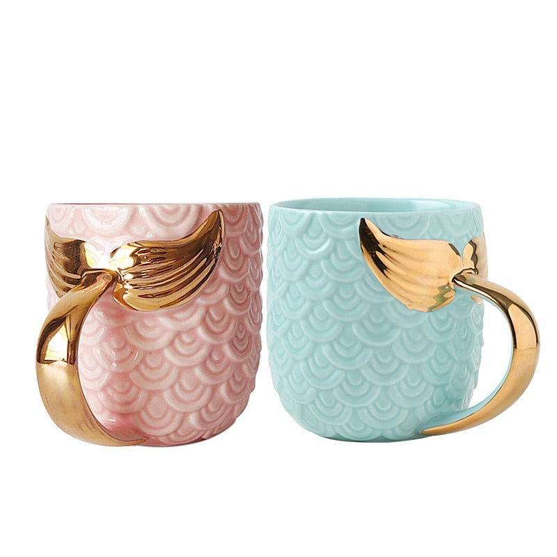 Beauty Mermaid Handle Large Capacity Tea Milk Cups And Mugs Pearl Glaze Gold Coffee Mug Drinkware 420ML