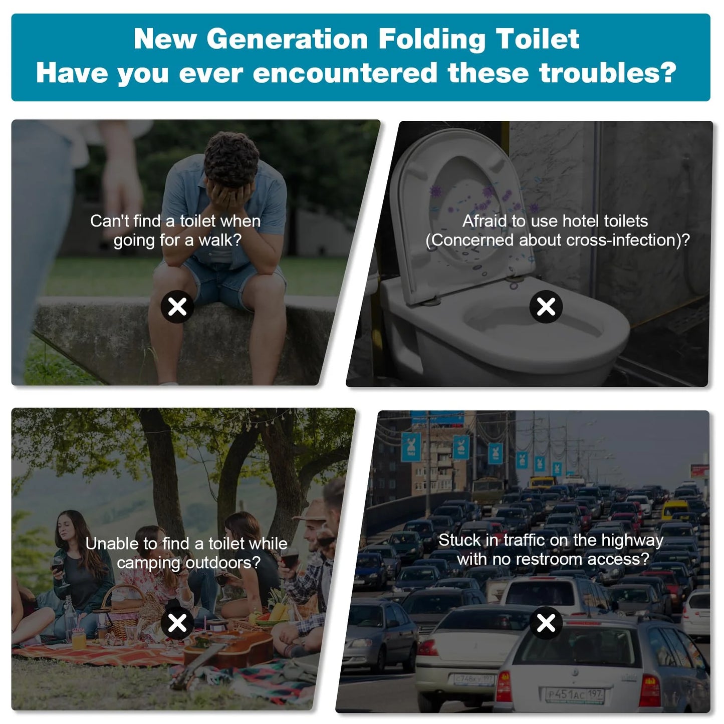 Portable Toilet for Camping, 12.6''*13.6''*12.8'' Foldable Camping Toilet with Waterproof Storage Bag and 15 Pcs Garbage Bag，Portable Toilet with a Load Capacity of 500 Lbs