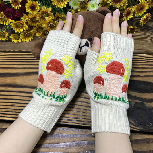 Women's Warm Knitted Mushroom Gloves