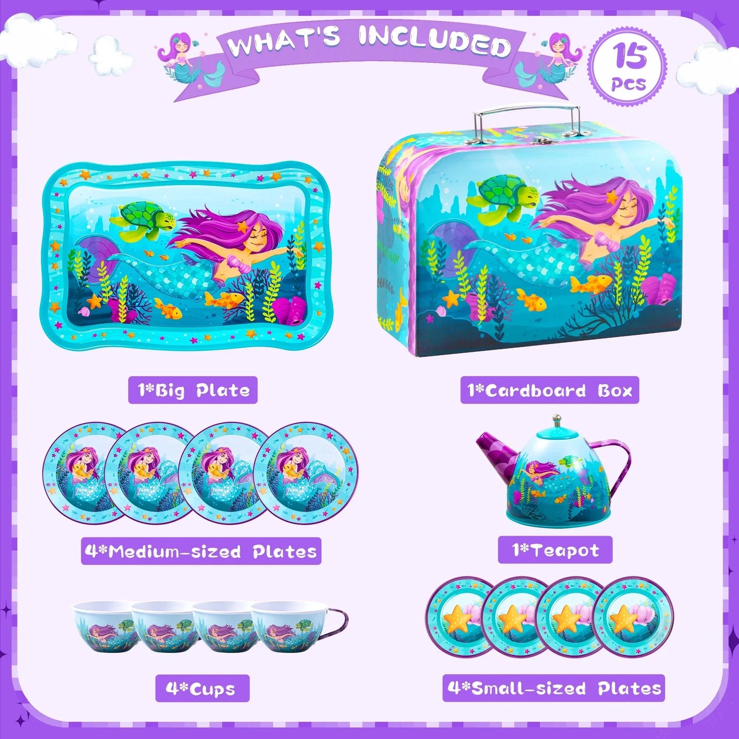 Kid Tea Set, Mermaid Tea Party Set for Girls, Princess Pretend Play Tin Teapot Set Kitchen Toy for Girls Toddlers 2 3 4 5 6 Years Old
