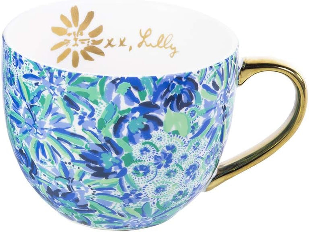 12 Ounce Blue Ceramic Coffee Mug or Tea Cup, Cute Mug with Gold Handle and Gift Box, High Manetenance