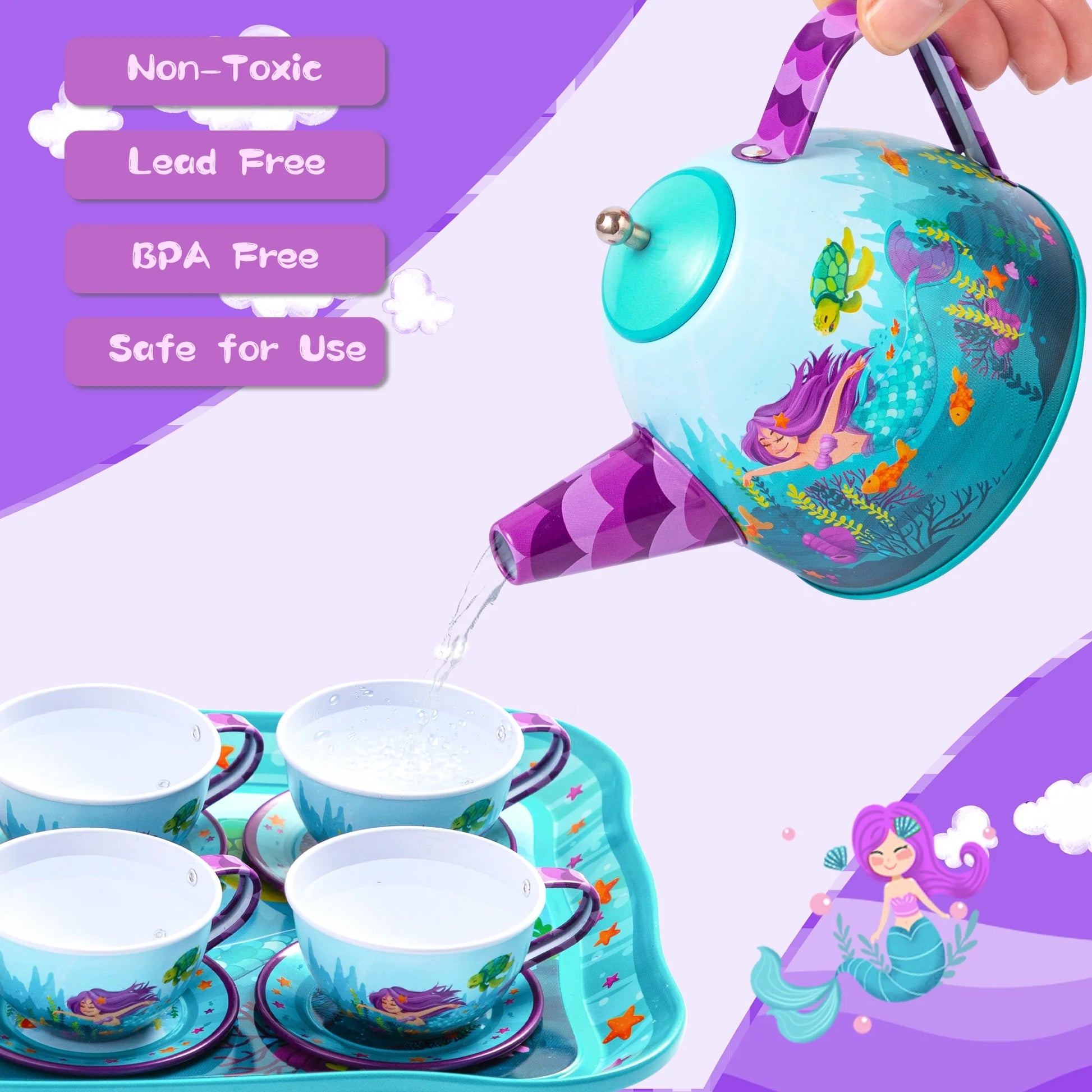 Kid Tea Set, Mermaid Tea Party Set for Girls, Princess Pretend Play Tin Teapot Set Kitchen Toy for Girls Toddlers 2 3 4 5 6 Years Old