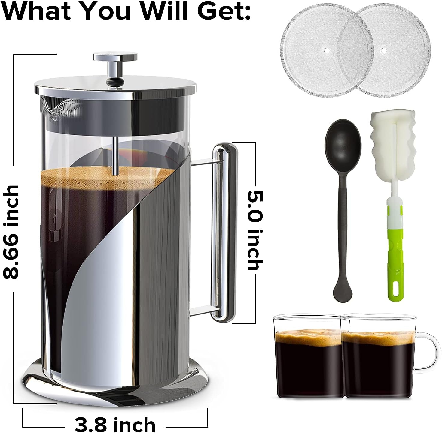 French Press Coffee Maker – 34 Oz Stainless & Glass