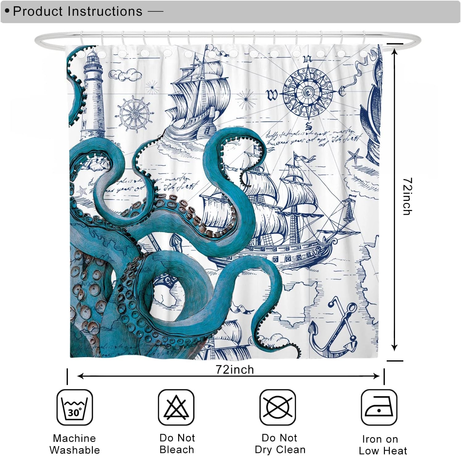 Nautical Octopus Shower Curtain – 72x72 Ocean Theme