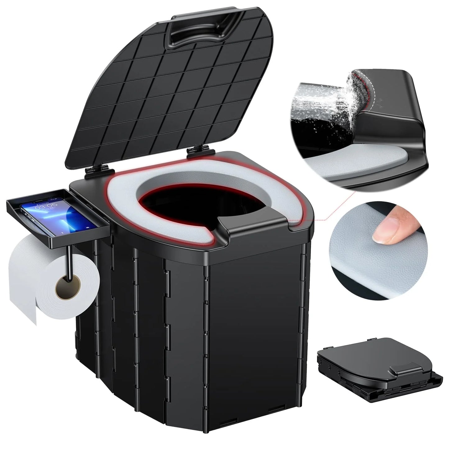 Portable Toilet for Camping, 12.6''*13.6''*12.8'' Foldable Camping Toilet with Waterproof Storage Bag and 15 Pcs Garbage Bag，Portable Toilet with a Load Capacity of 500 Lbs