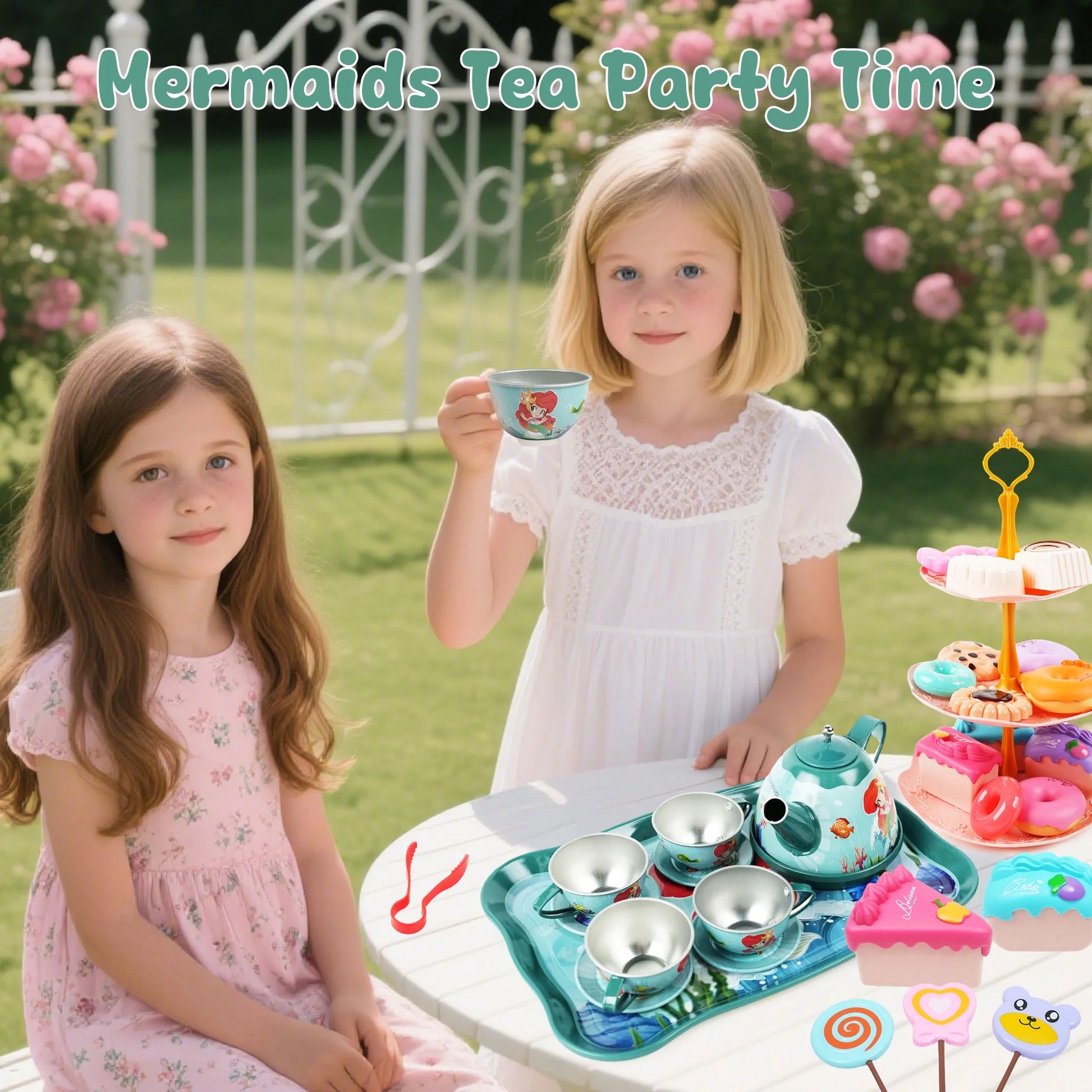 Mermaid Tea Party Set for Kids, Princess Kitchen Pretend Play Toys for Girls Ages 3 4 5 6+ Years Old, Birthday Gift for Toddler