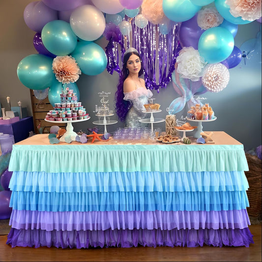 6Ft Mermaid Tablecloth Party Blue Purple Tutu Tulle Table Skirt for Rectangle round Tables Chiffon Table Decorations for Mermaid Birthday Party Baby Shower Ruffle Table Skirting
