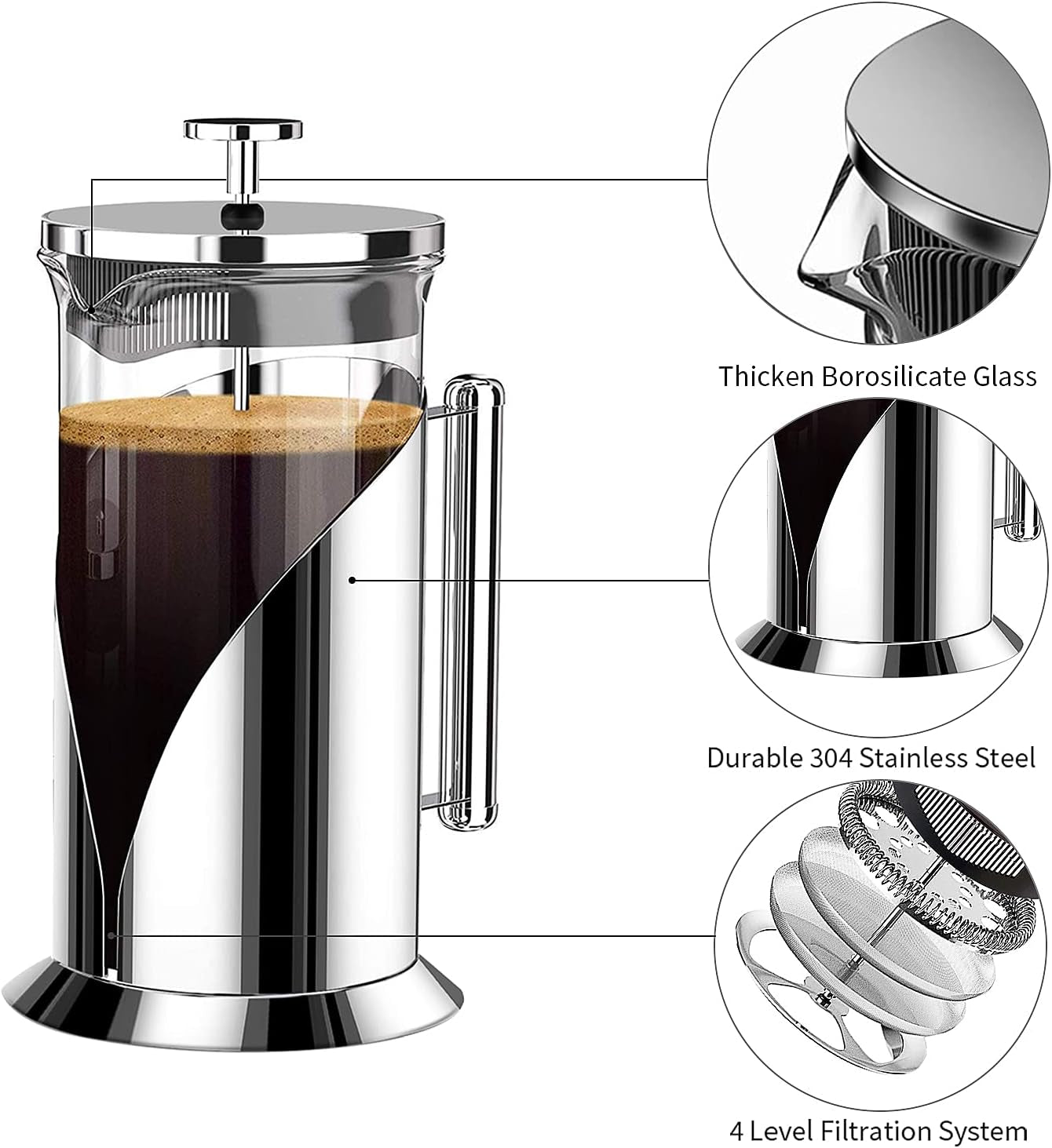 French Press Coffee Maker – 34 Oz Stainless & Glass