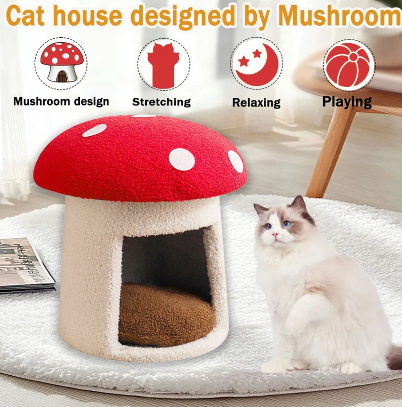 Extra Large Red Umbrella Mushroom Cat Bed, Scratch-Resistant and Wear-Resistant, Removable and Washable, Universal Pet Seat Bed for All Seasons, Pet Cat Bed, High-Looking Mushroom Cat House